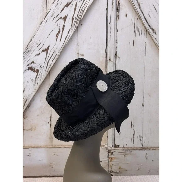Vintage 1950's Parkridge Black Straw Hat Wide Brim Ribbon Band - Classic Style - Picture 2 of 4